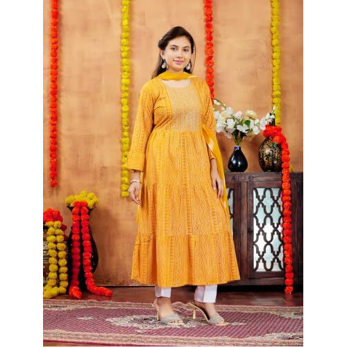 Aarika Girls Casual Wear Yellow Colour Cotton Bandhej Kurti (9-16 Years)
