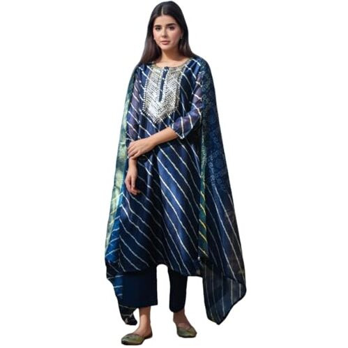 Anni Designer Women's Rayon Viscose Straight Leheriya Printed Kurta With Pant & Dupatta (Doremi Navy-Vks05_Xl_Navy_X-Large)