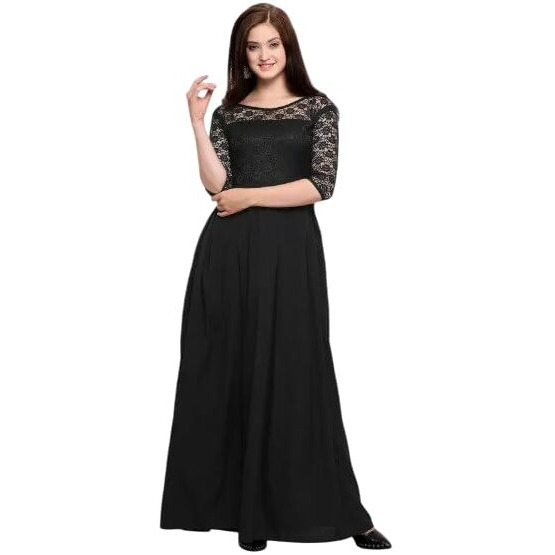 Flosive Women's Present Long Net Neck And Creape Dress (In, Alpha, Xl, Regular, B Lack)