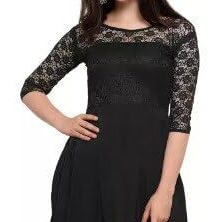 Flosive Women's Present Long Net Neck And Creape Dress (In, Alpha, Xl, Regular, B Lack)