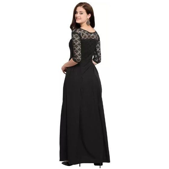 Flosive Women's Present Long Net Neck And Creape Dress (In, Alpha, Xl, Regular, B Lack)