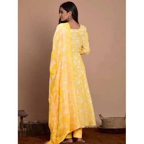 Tee Projekt Women's Cotton Blend Floral Printed Anarkali Kurta Pant With Dupatta Set Ll Round Neck Yellow
