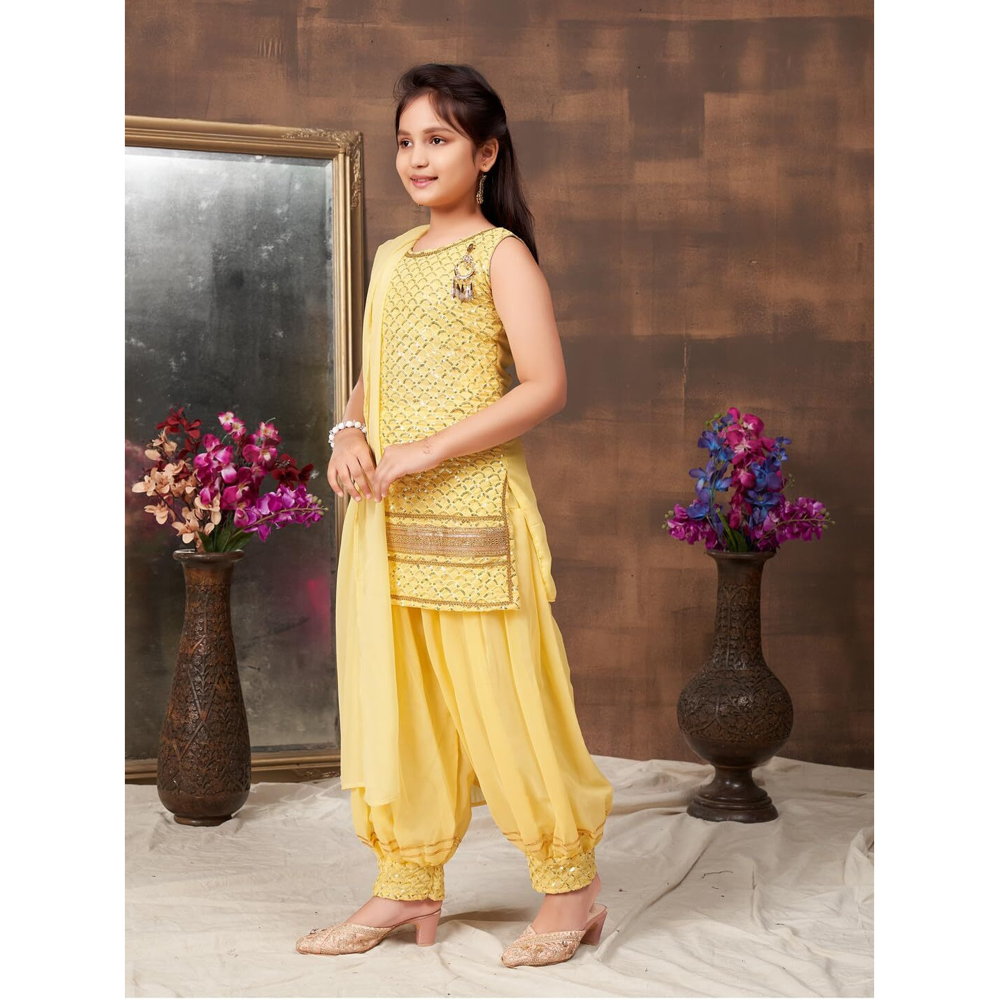 Aarika Girls Ethnic Wear Yellow Colour Sequin Embroidery Lace Work Georgette Kurti Patiala Set (10-15 Years)