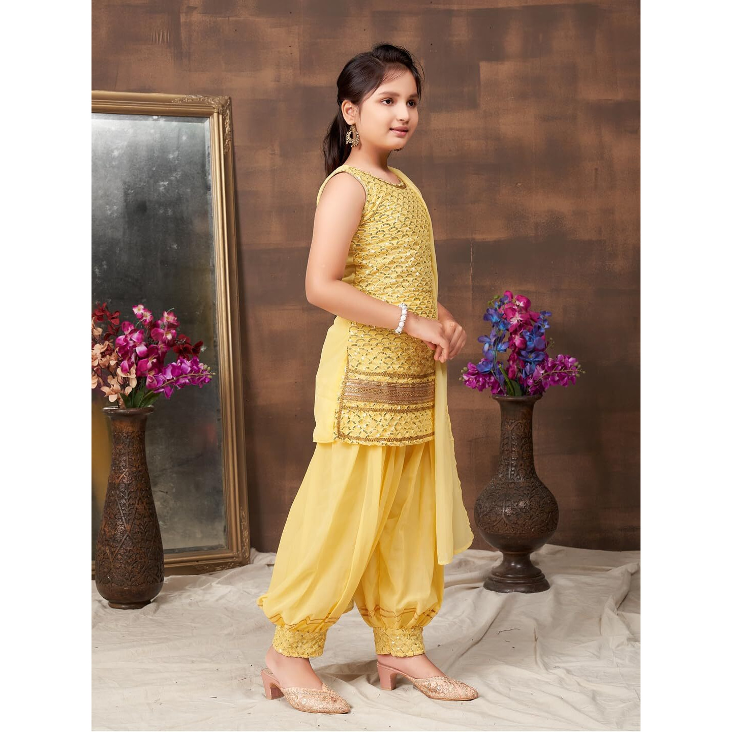 Aarika Girls Ethnic Wear Yellow Colour Sequin Embroidery Lace Work Georgette Kurti Patiala Set (10-15 Years)