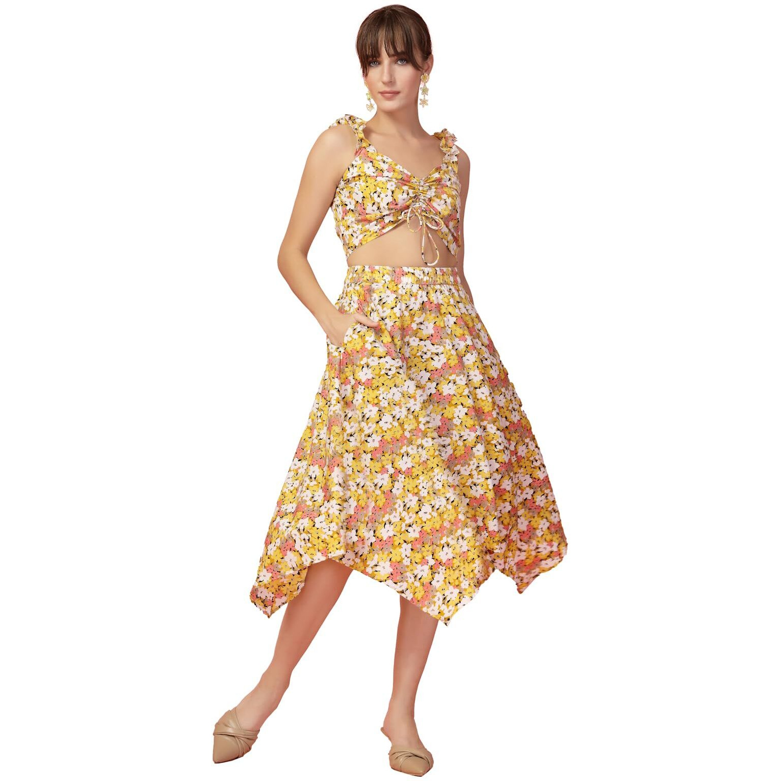 Oomph Crepe Top And Skirt Set For Women, Yellow - Coord_Mt879Msk187