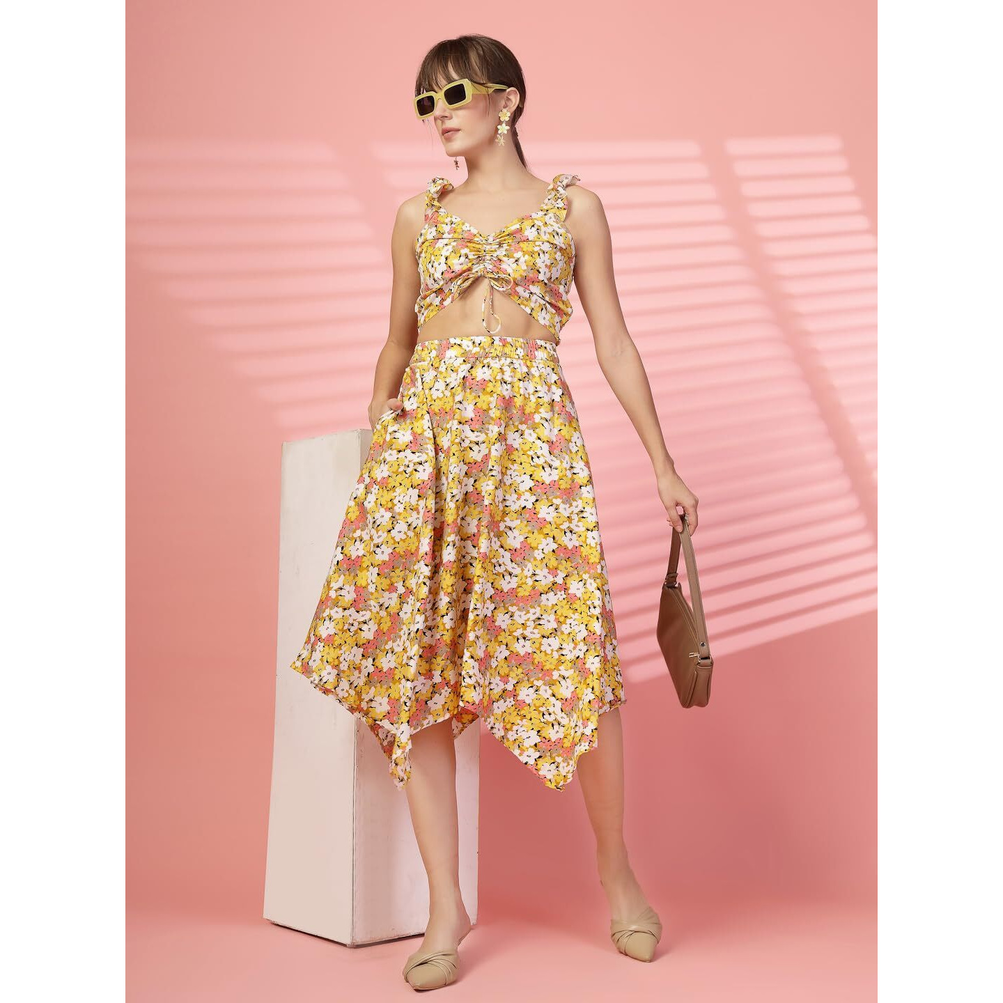 Oomph Crepe Top And Skirt Set For Women, Yellow - Coord_Mt879Msk187
