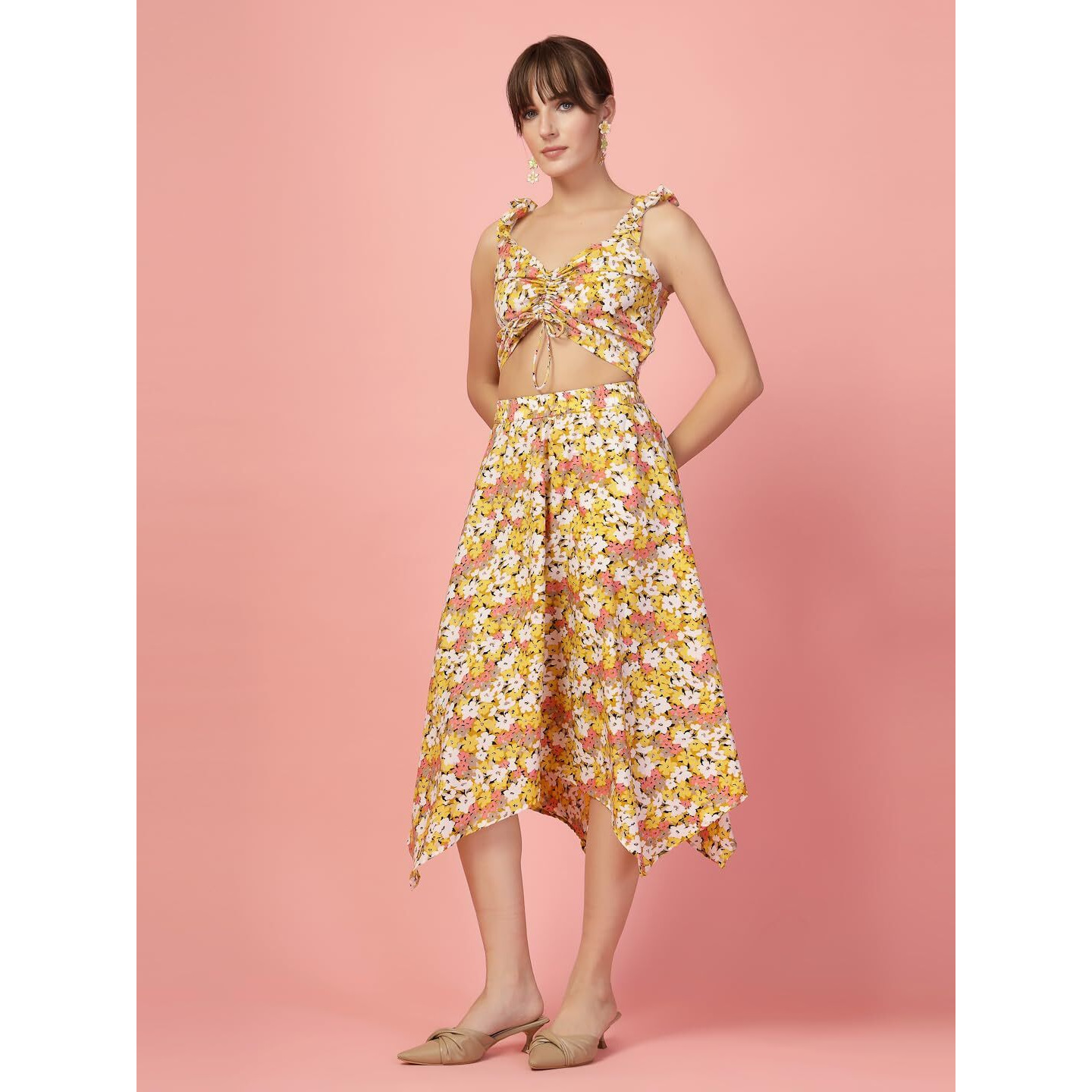 Oomph Crepe Top And Skirt Set For Women, Yellow - Coord_Mt879Msk187
