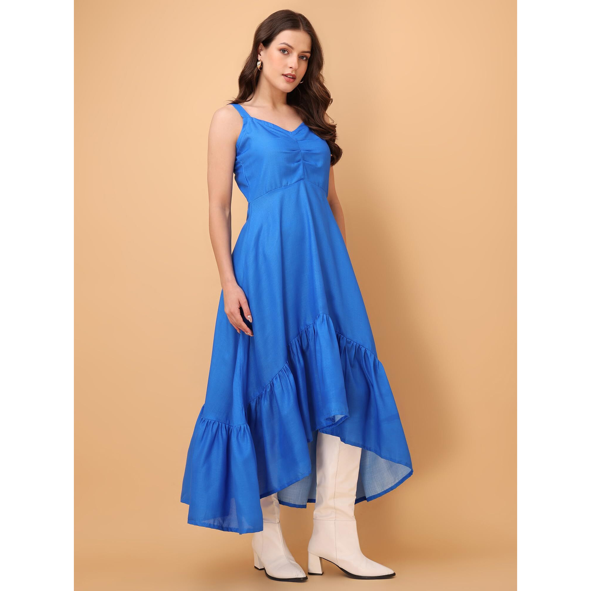 Purvaja Womens V-Neck Ruffle Cotton Blend Dress (Floe-052-L_Blue)