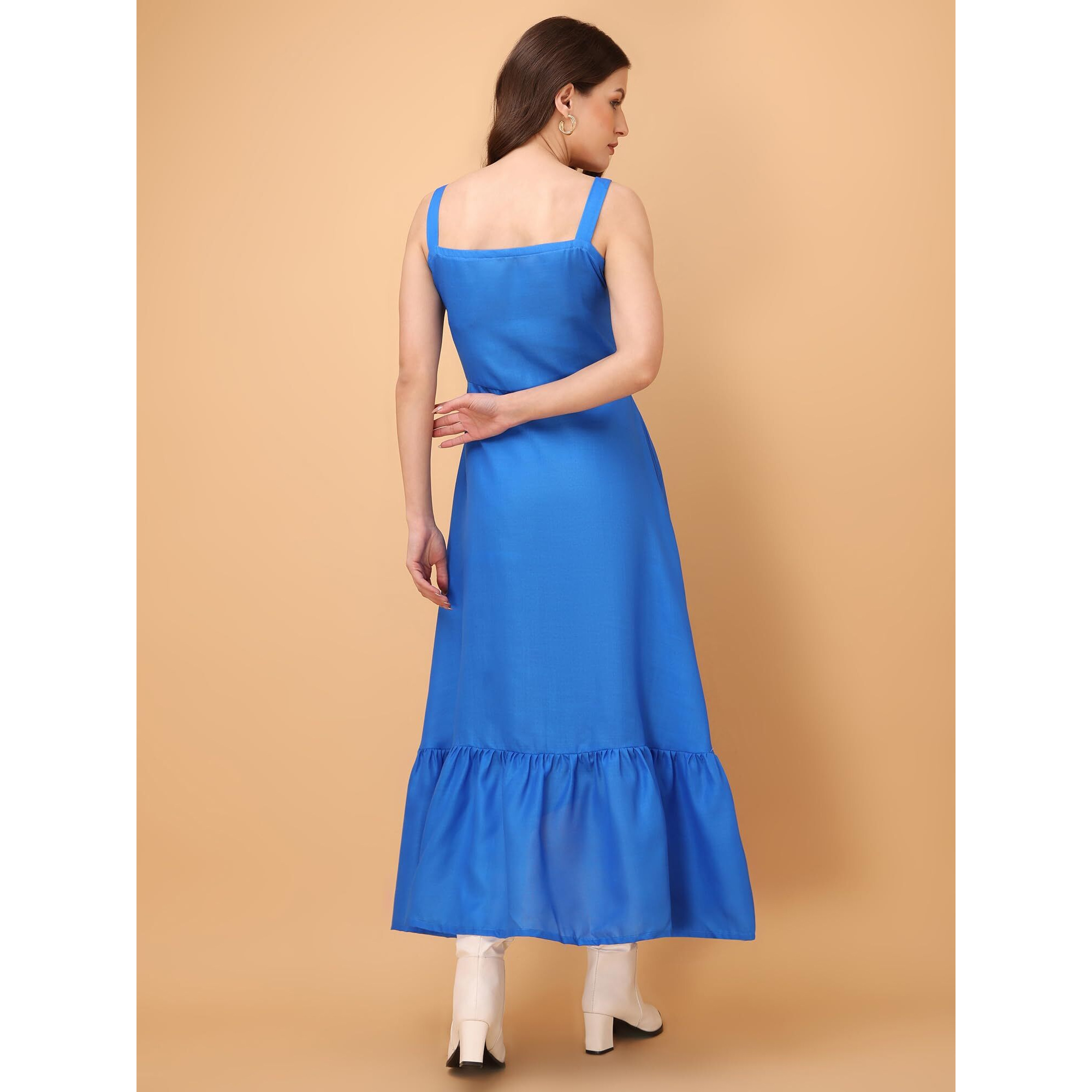 Purvaja Womens V-Neck Ruffle Cotton Blend Dress (Floe-052-L_Blue)