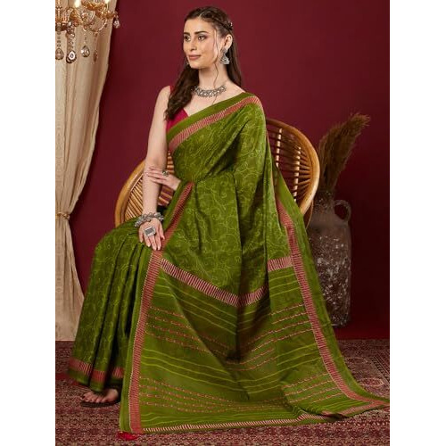Satrani Women's Pure Cotton Printed Saree With Unstitched Blouse Piece (4399S435N_Green2)