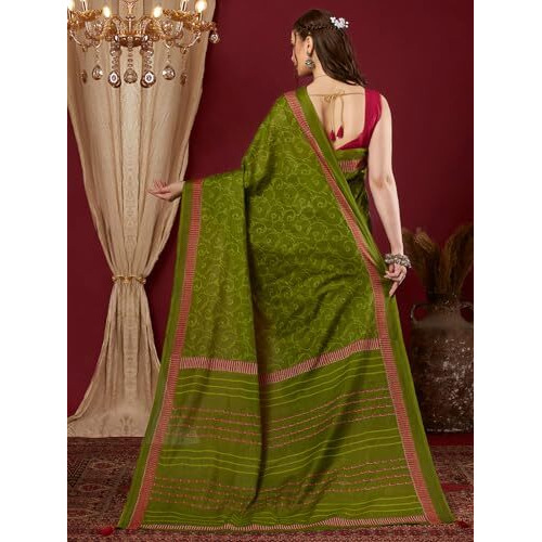 Satrani Women's Pure Cotton Printed Saree With Unstitched Blouse Piece (4399S435N_Green2)