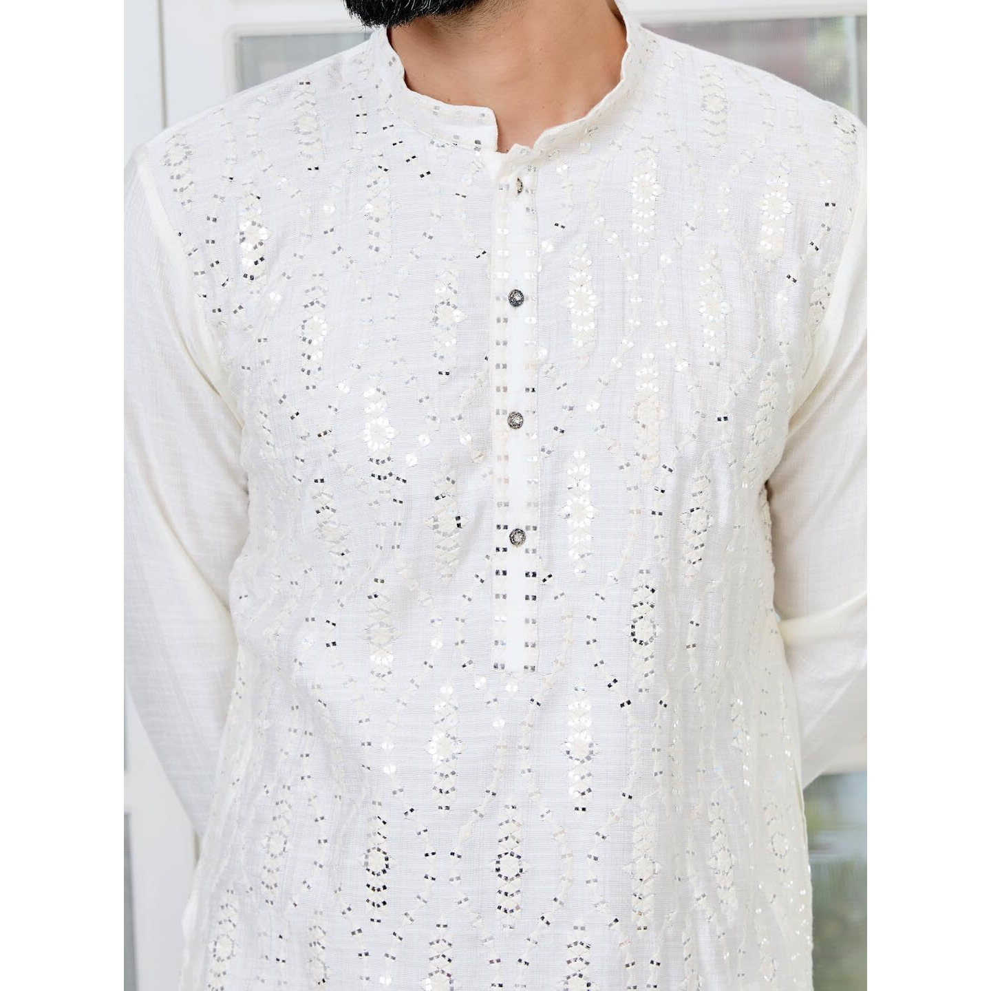 See Designs Men's Full Sleeve Mandarin Collar Cream Sequins Embroidered Straight Kurta - Sdkt2908M