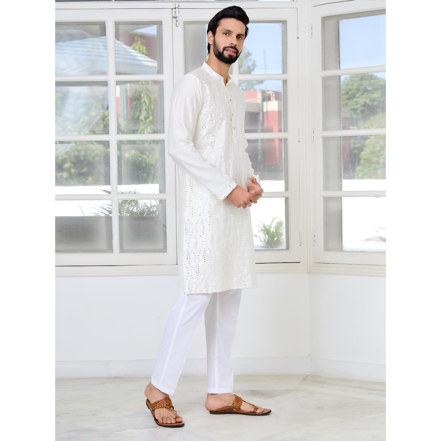 See Designs Men's Full Sleeve Mandarin Collar Cream Sequins Embroidered Straight Kurta - Sdkt2908M
