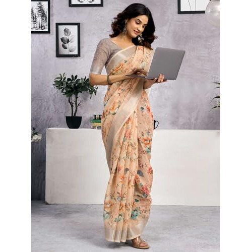 Satrani Women's Linen Zari Border Printed Saree With Unstitched Blouse Piece (4341S202N_Dark Cream)