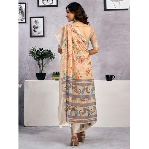 Satrani Women's Linen Zari Border Printed Saree With Unstitched Blouse Piece (4341S202N_Dark Cream)