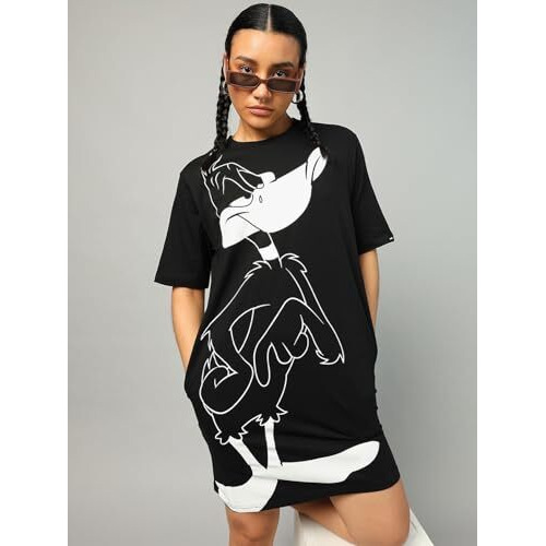 Bewakoof Official Looney Tunes Merchandise Women's Graphic Printed Oversized Dress_584769_Black_L