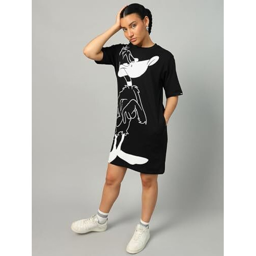 Bewakoof Official Looney Tunes Merchandise Women's Graphic Printed Oversized Dress_584769_Black_L