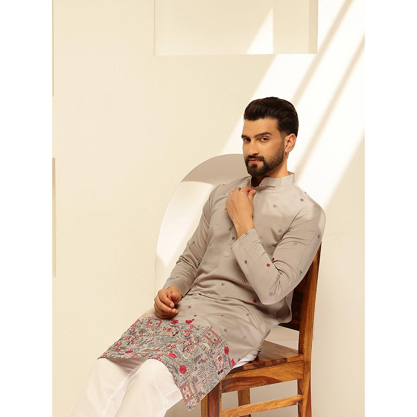 Sojanya (Since 1958 Men's Cotton Silk Daman Embroidered Grey Kurta With White Pyjama