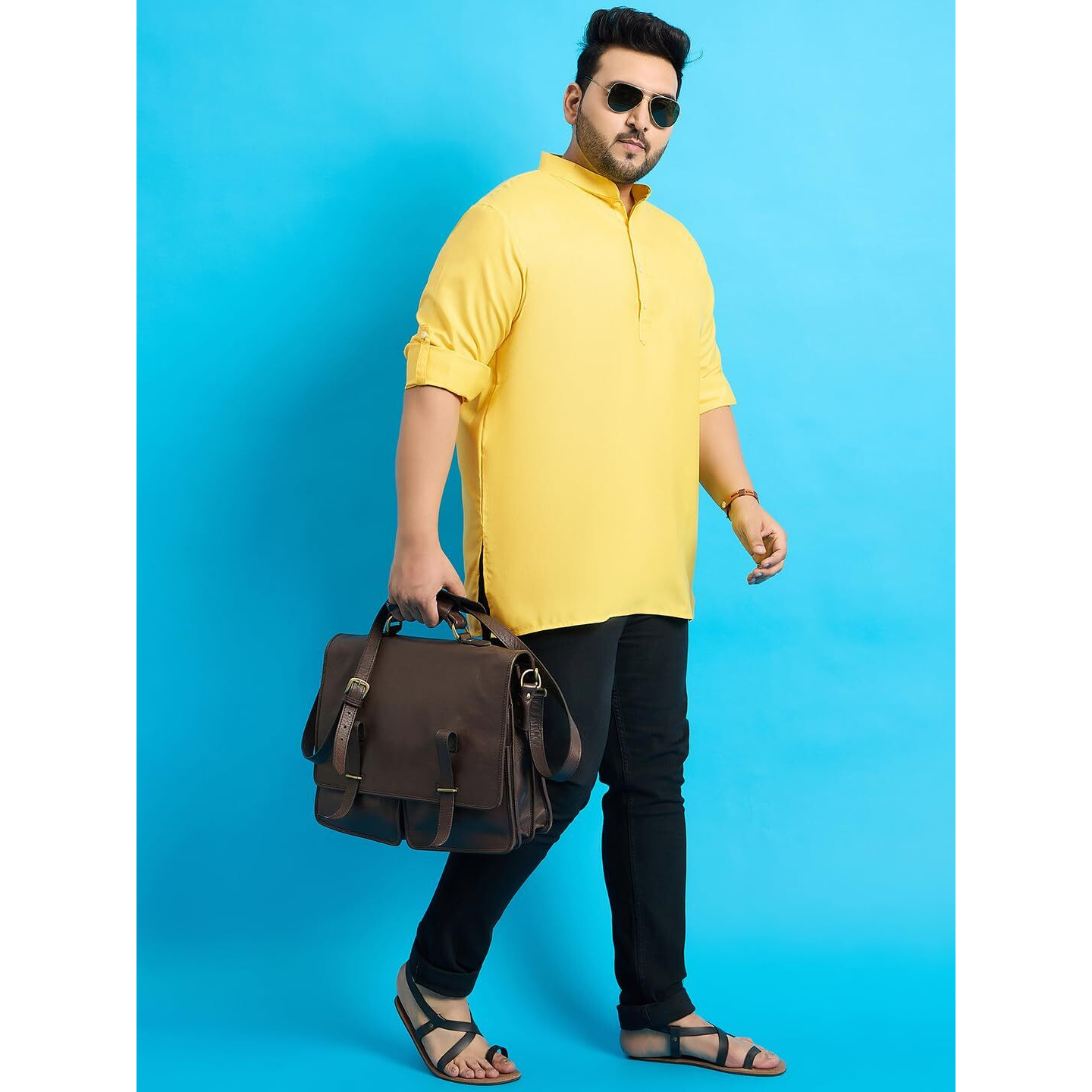 Bigbanana Plus Size Men's Regular Fit Solid Short Kurta (Pollan-Yellow,Yellow,3Xl)