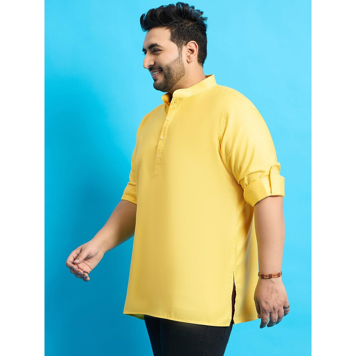 Bigbanana Plus Size Men's Regular Fit Solid Short Kurta (Pollan-Yellow,Yellow,3Xl)