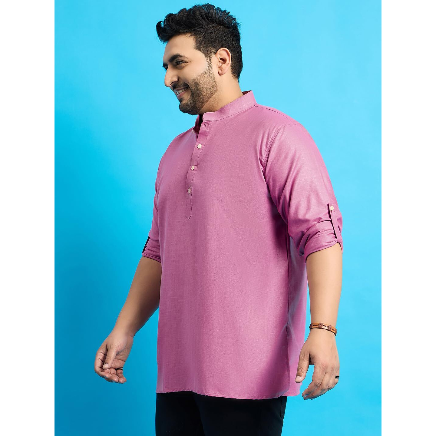 Bigbanana Plus Size Men's Regular Fit Solid Short Kurta (Pollan-Pink,Pink,3Xl)