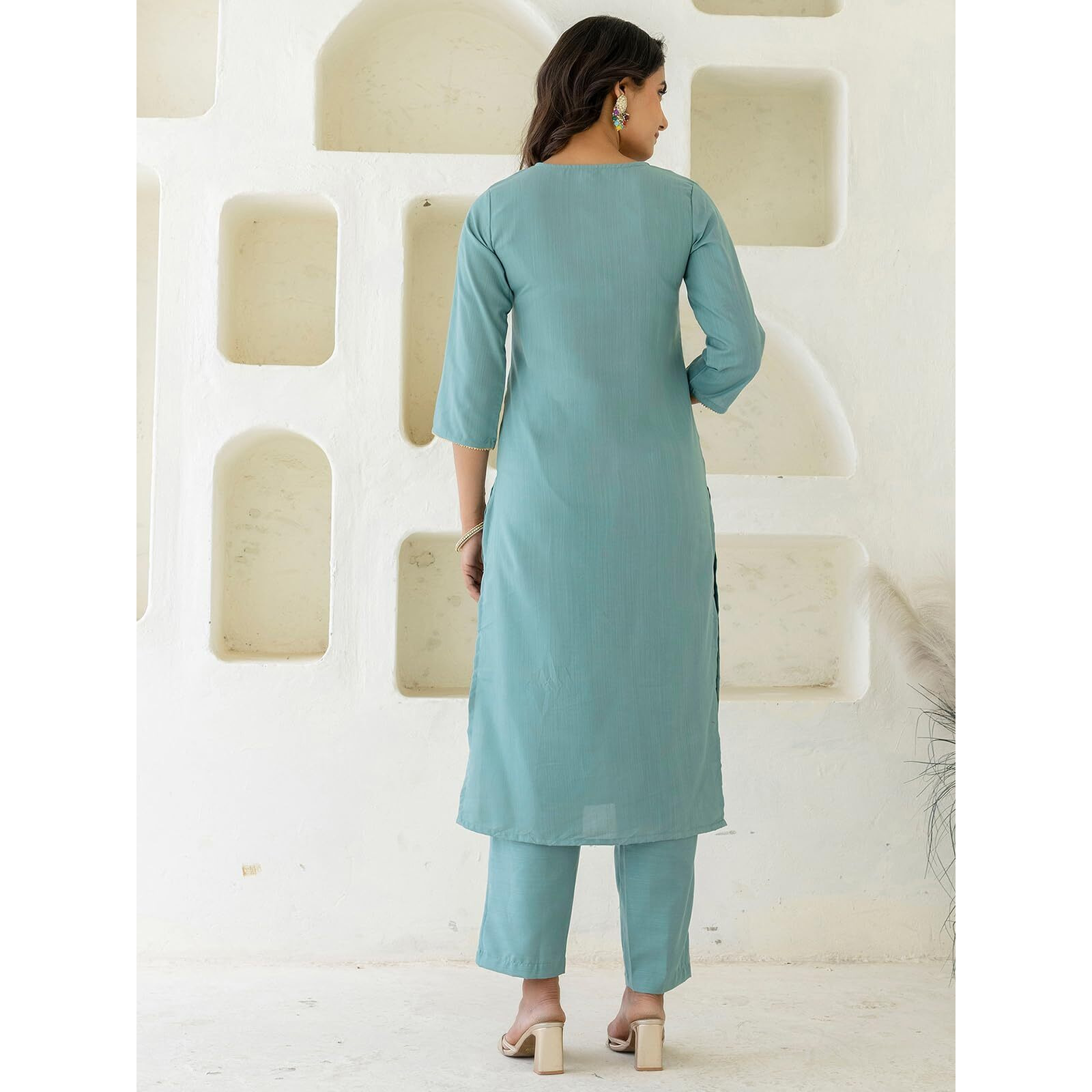 Sanisa Women's Cotton Slub Embroidery Sequin Work Kurta With Pant And Dupatta Set (239Kbd2524N-Xl_Dusty Teal Green)