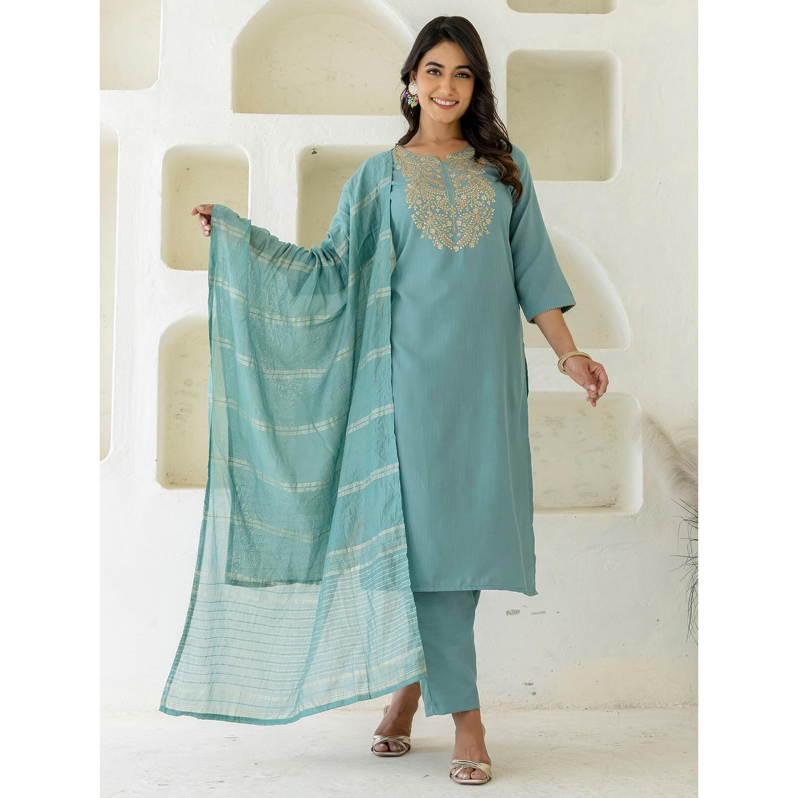 Sanisa Women's Cotton Slub Embroidery Sequin Work Kurta With Pant And Dupatta Set (239Kbd2524N-Xl_Dusty Teal Green)