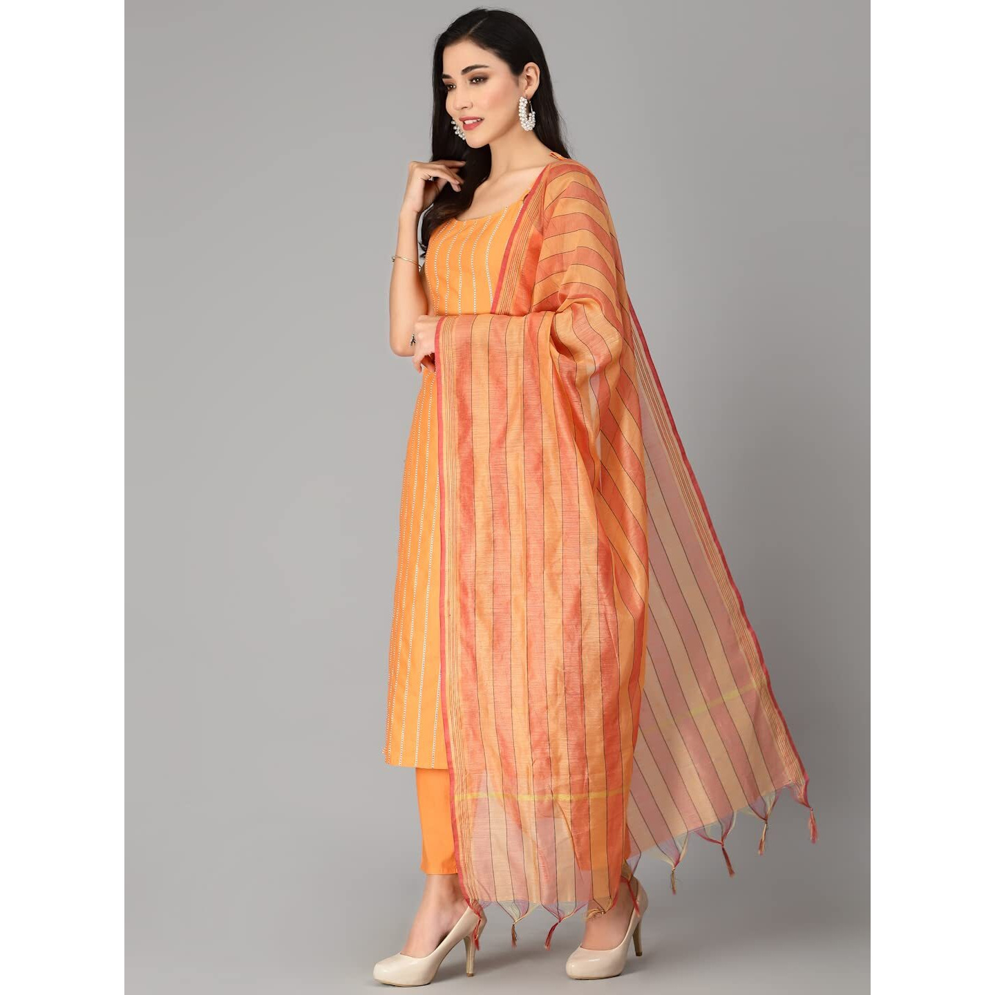 Stylum Women's Striped Cotton Blend Straight Kurta Pant Dupatta Set (Kpdknot44_Orange, Xxl)