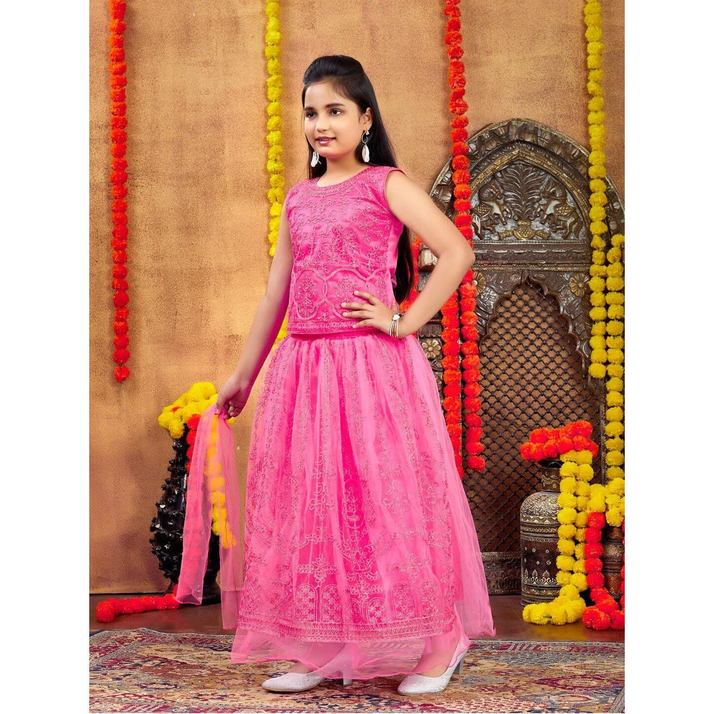 Aarika Girls Ethnic Wear Gajri Colour Thread Embroidery Net Lehenga Choli Set (4-10 Years)