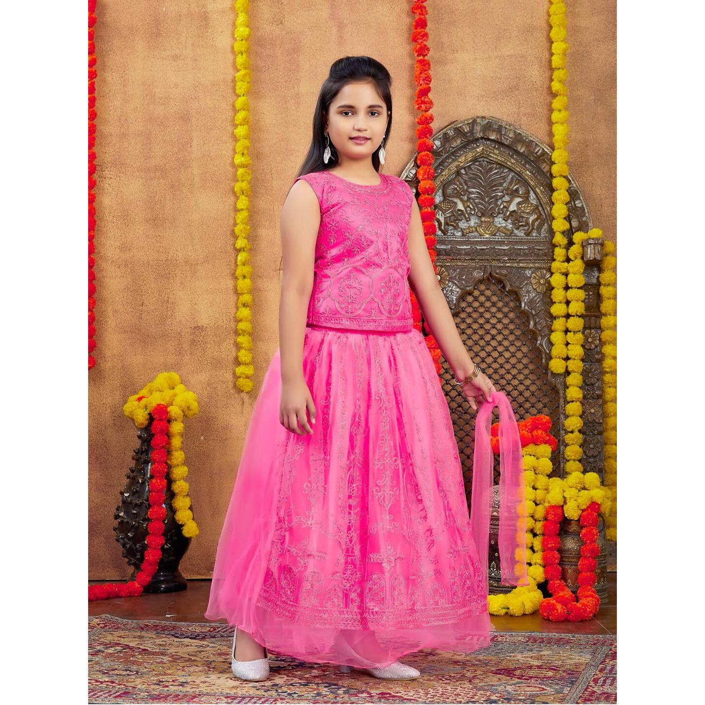 Aarika Girls Ethnic Wear Gajri Colour Thread Embroidery Net Lehenga Choli Set (4-10 Years)
