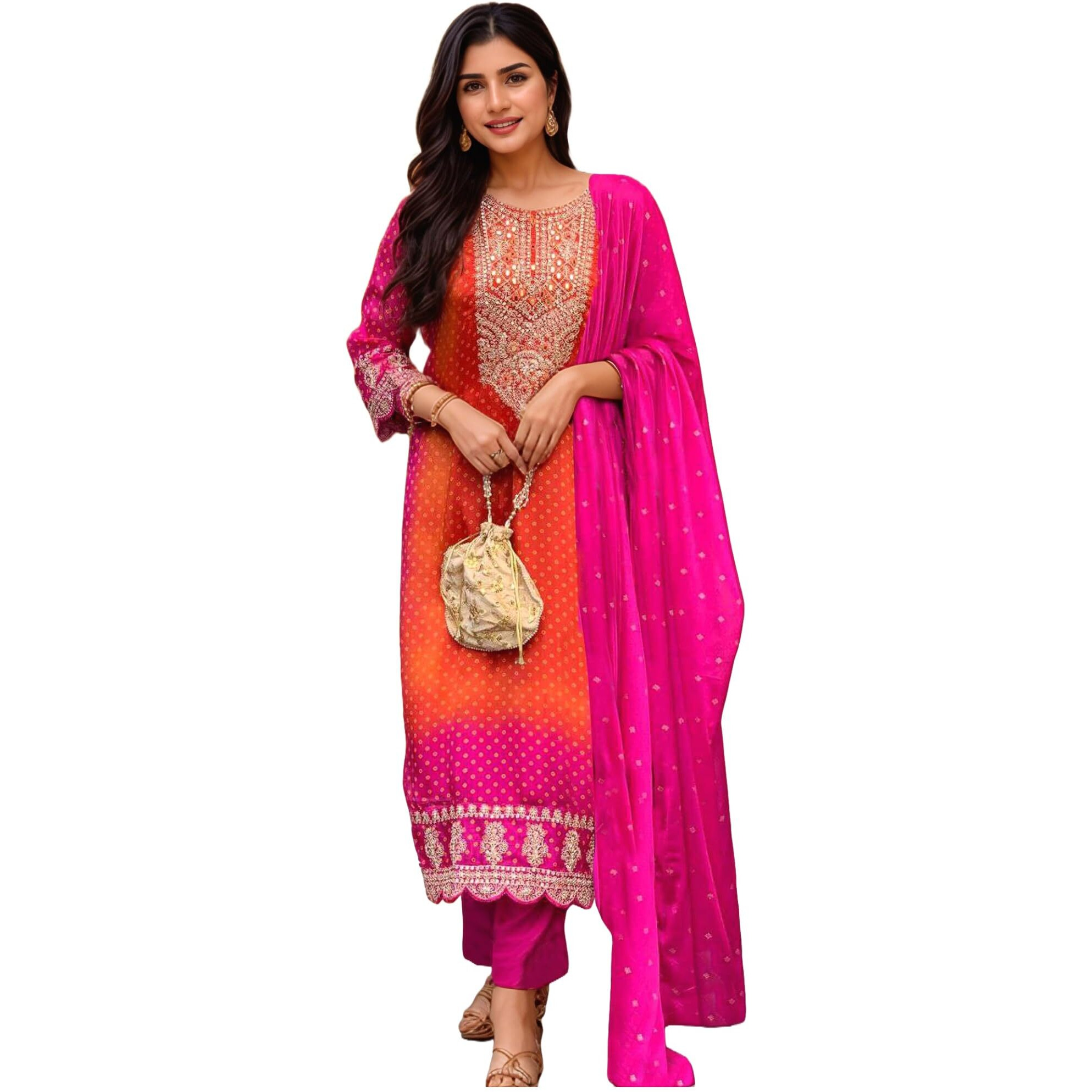 Anni Designer Women's Rayon Viscose Straight Bandhani Embroidered Kurta With Pant & Dupatta (Lasivan Pink-Vks05_4Xl_Pink_Xxxx-Large)