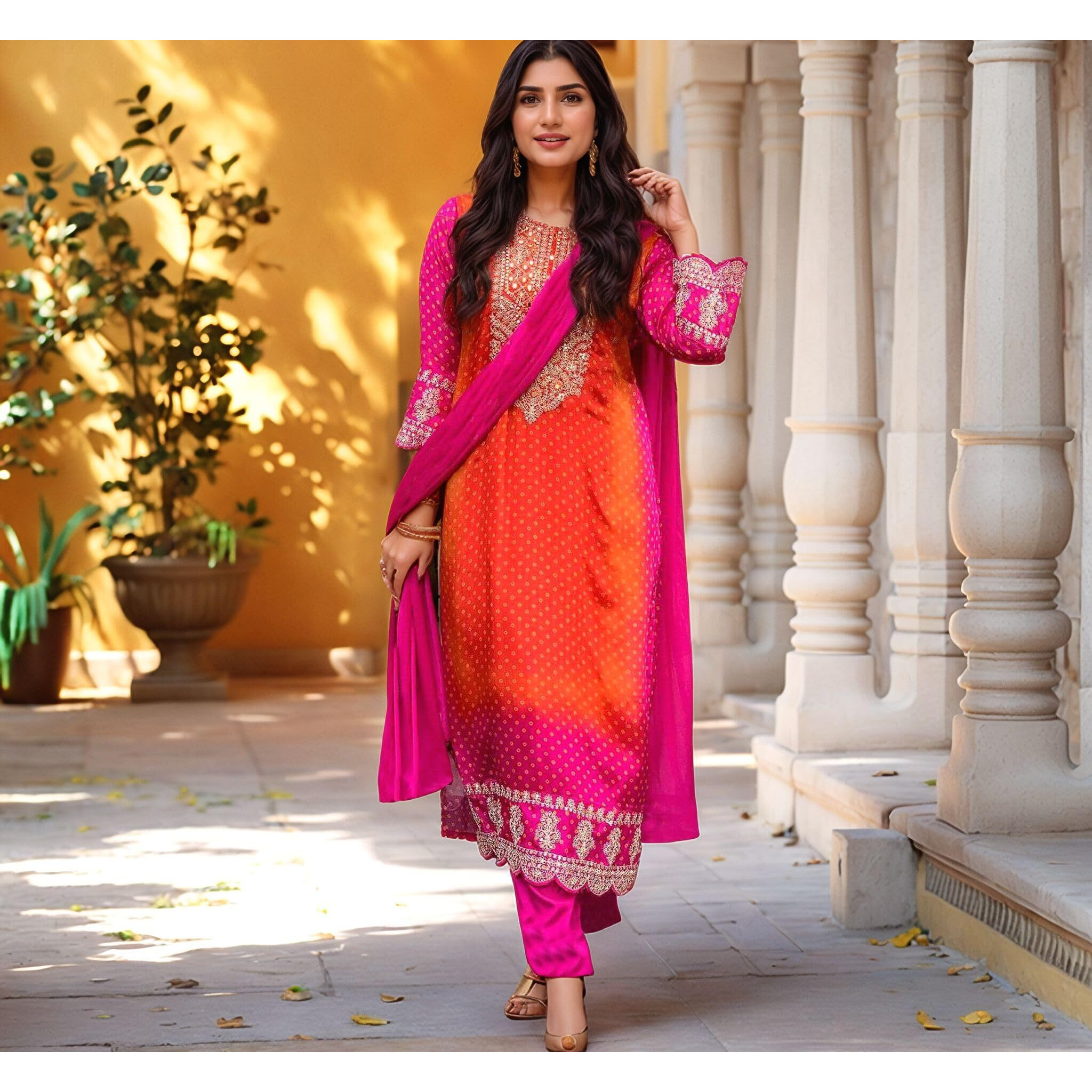 Anni Designer Women's Rayon Viscose Straight Bandhani Embroidered Kurta With Pant & Dupatta (Lasivan Pink-Vks05_4Xl_Pink_Xxxx-Large)
