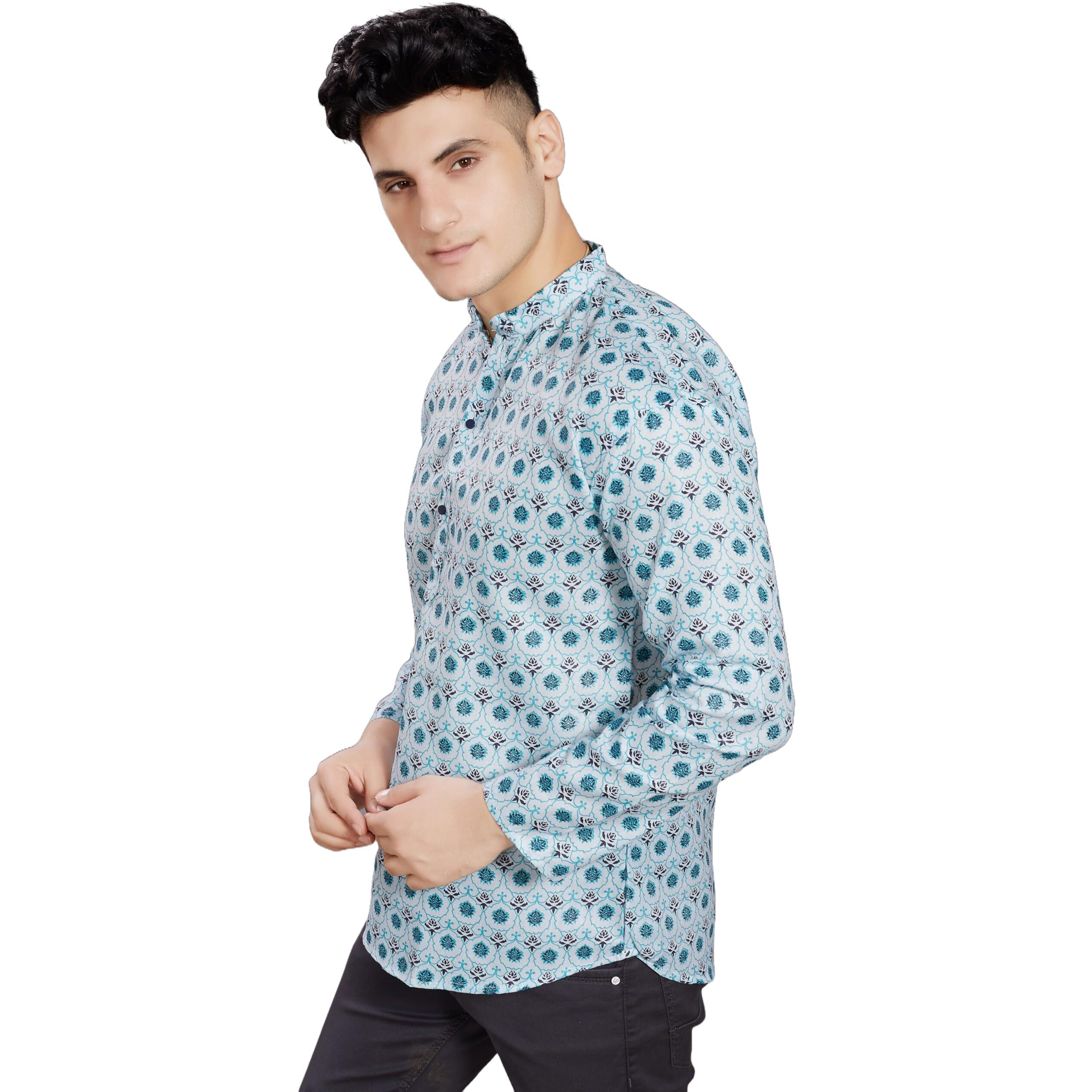 Divisive Men's Pure Cotton Relaxed Fit Printed Short Kurta (Dkrt442_S_Sea Green)