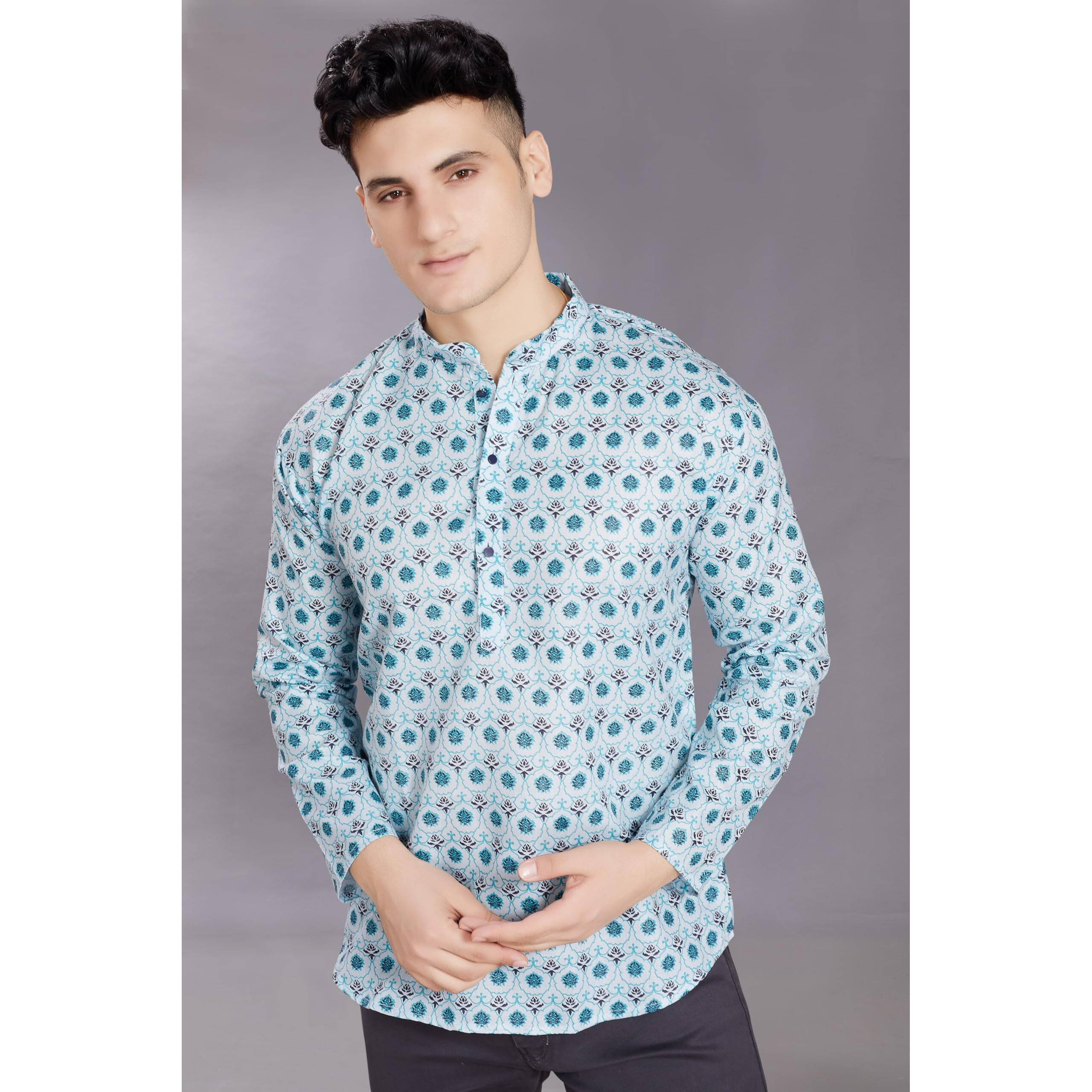 Divisive Men's Pure Cotton Relaxed Fit Printed Short Kurta (Dkrt442_S_Sea Green)
