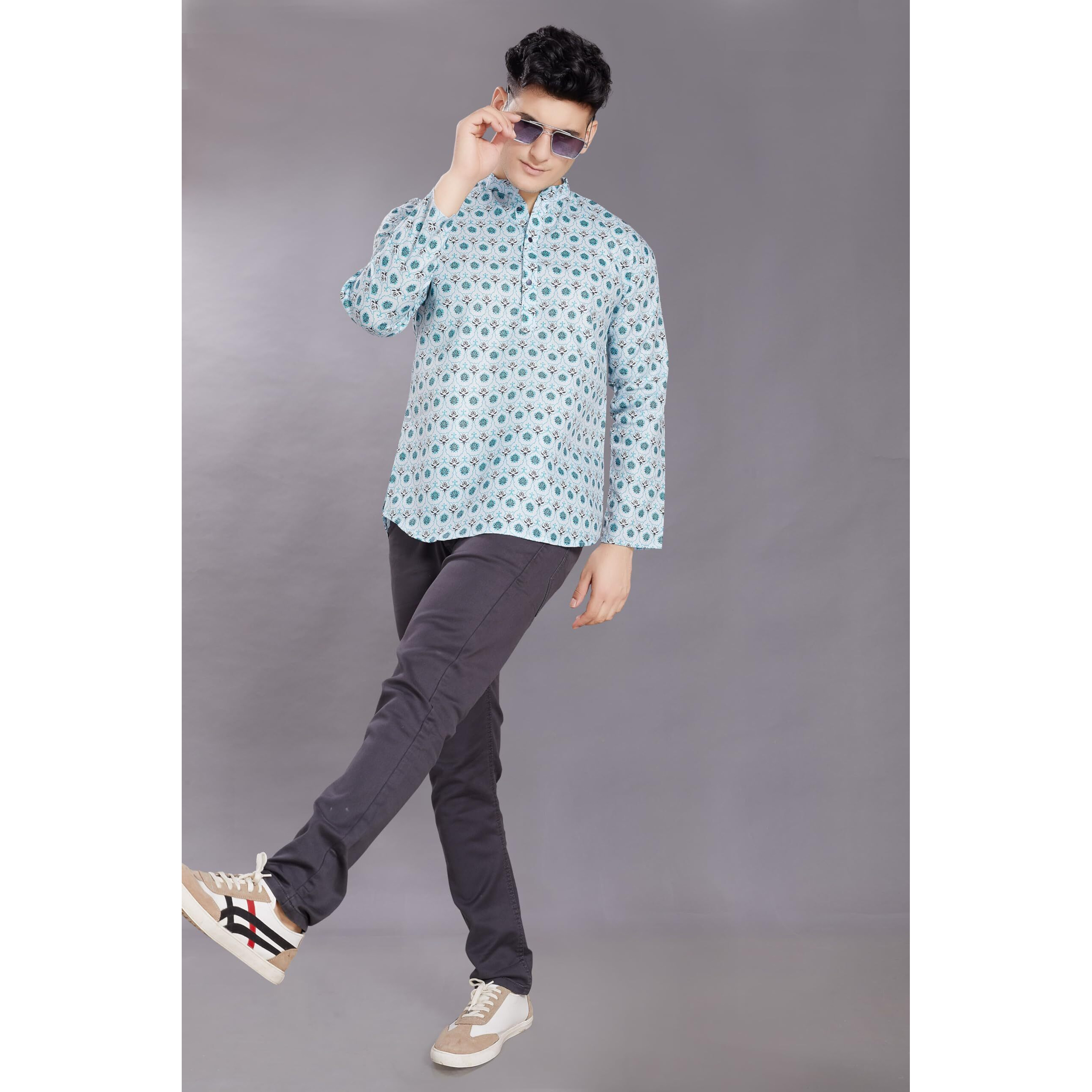 Divisive Men's Pure Cotton Relaxed Fit Printed Short Kurta (Dkrt442_S_Sea Green)
