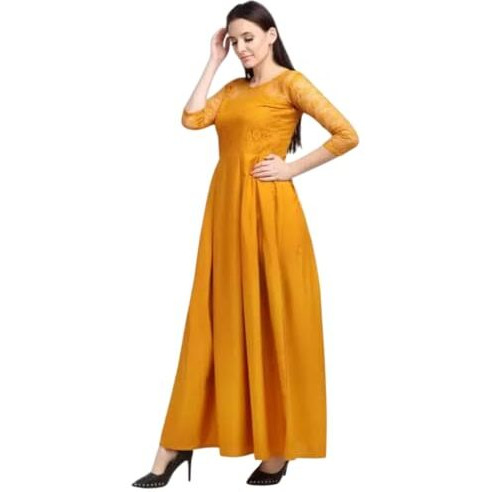 Flosive Women's Present Long Net Neck And Creape Dress (In, Alpha, M, Regular, Yellow)