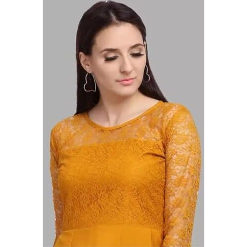 Flosive Women's Present Long Net Neck And Creape Dress (In, Alpha, M, Regular, Yellow)