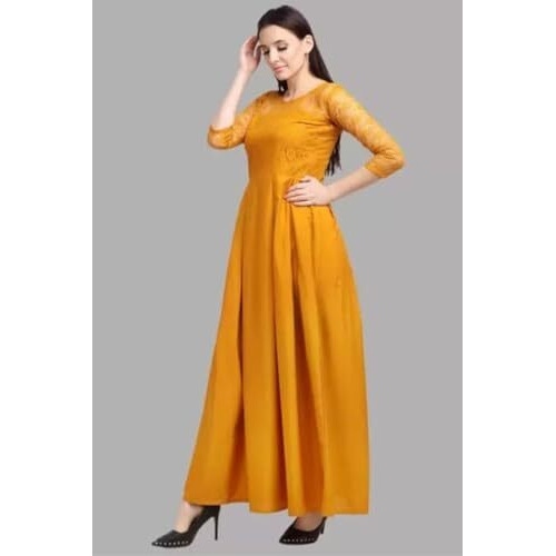 Flosive Women's Present Long Net Neck And Creape Dress (In, Alpha, M, Regular, Yellow)