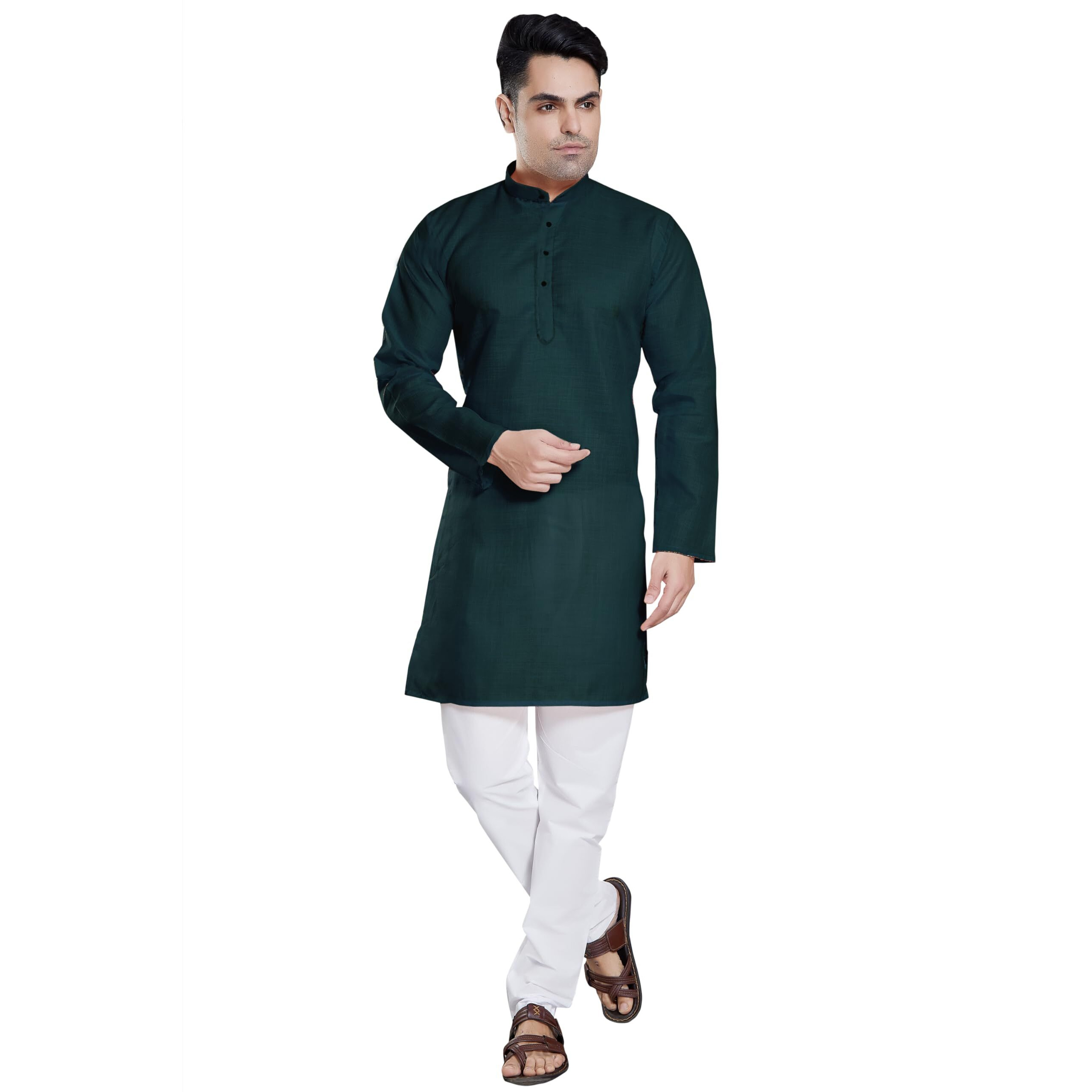 Divisive Men's Plain Cotton Blend Linen Slim Fit Kurta Pyjama Set (Dkrt58_M_Bottle Green)