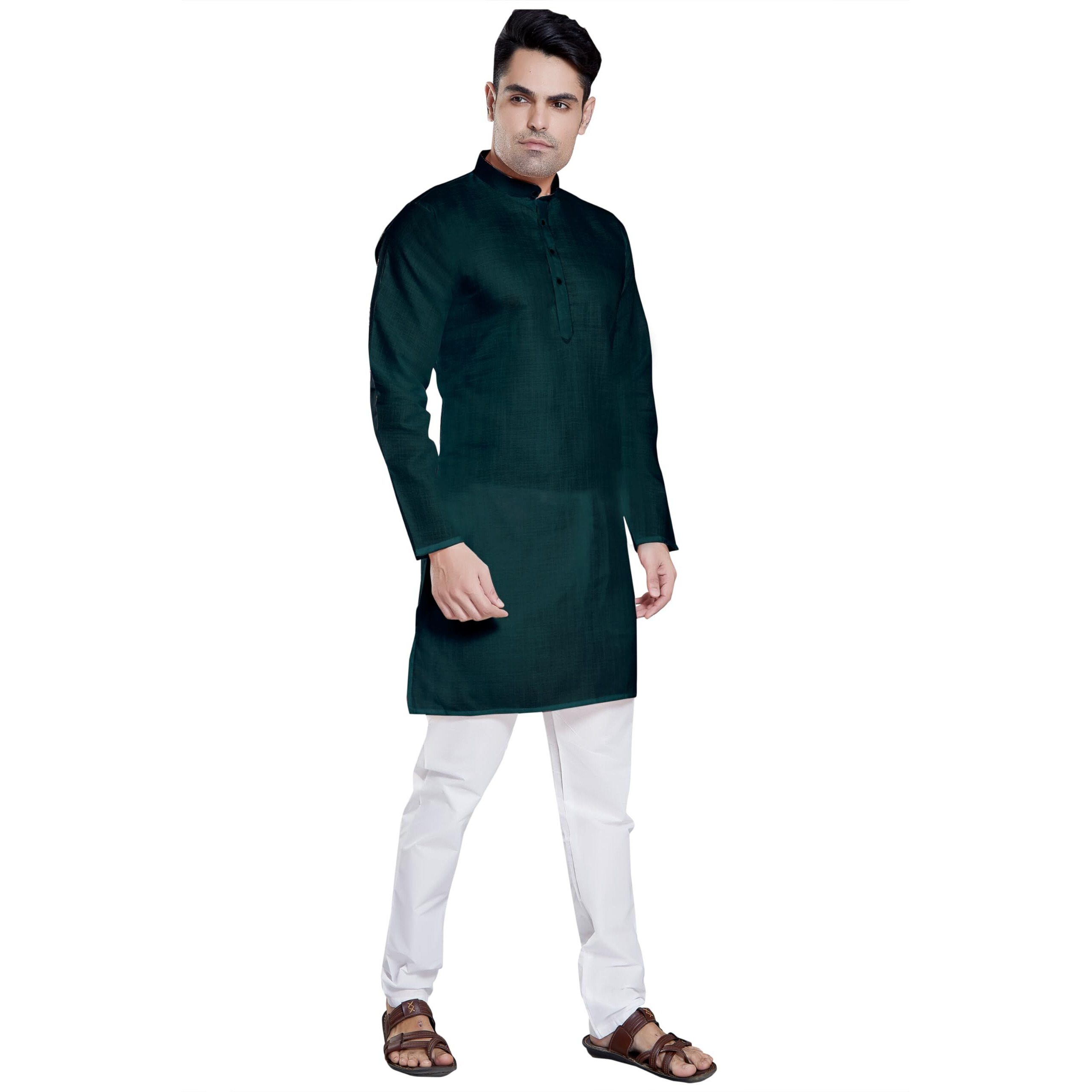 Divisive Men's Plain Cotton Blend Linen Slim Fit Kurta Pyjama Set (Dkrt58_M_Bottle Green)