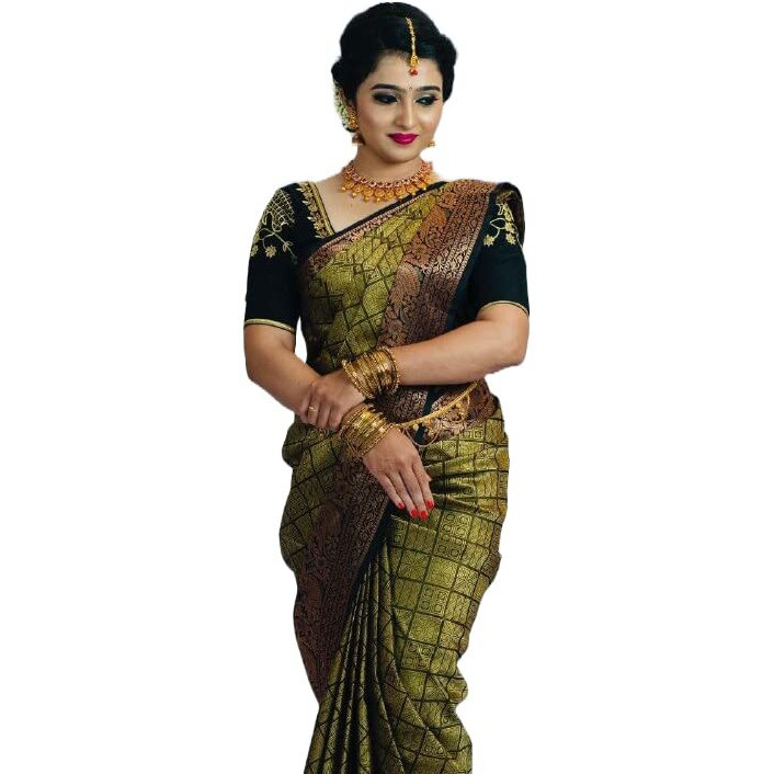 Flosive Women's Present Banarasi Soft Lichi Silk Saree Beautiful Jacquard Rich Pallu Design Work Zari Woven Kanjivaram Silk Style Saree With Soft Lichi Silk Blouse Piece Ayn Royal Green & Chex.