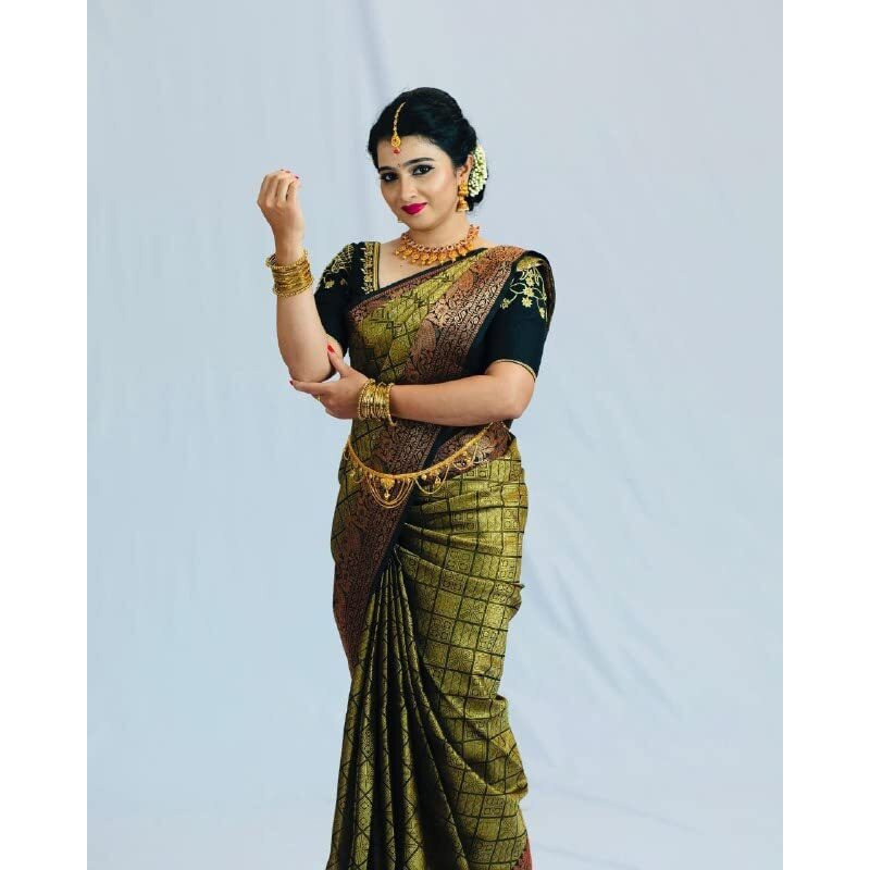Flosive Women's Present Banarasi Soft Lichi Silk Saree Beautiful Jacquard Rich Pallu Design Work Zari Woven Kanjivaram Silk Style Saree With Soft Lichi Silk Blouse Piece Ayn Royal Green & Chex.