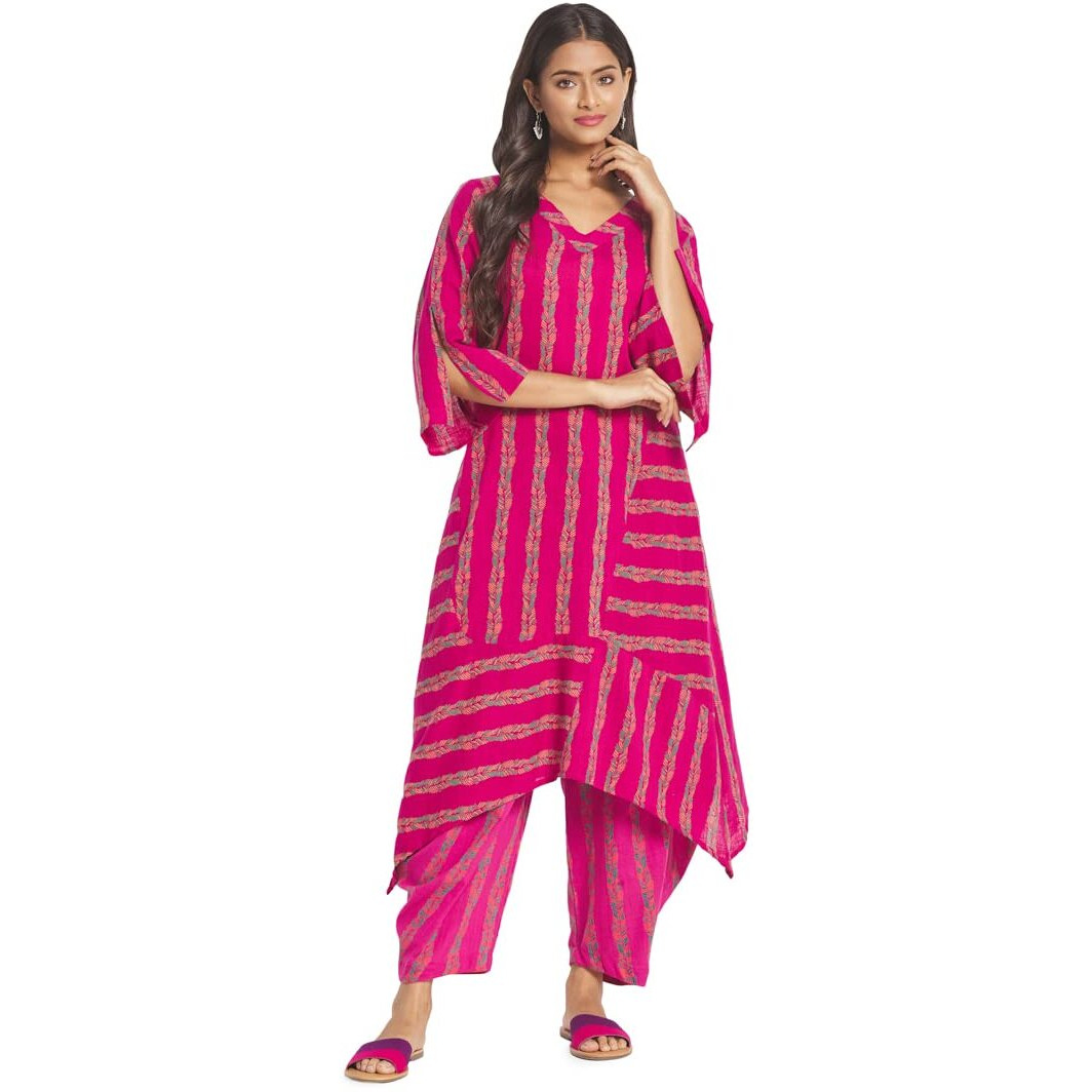 Fabindia Women's Cotton Printed Slim Kurta (210647701_Magenta