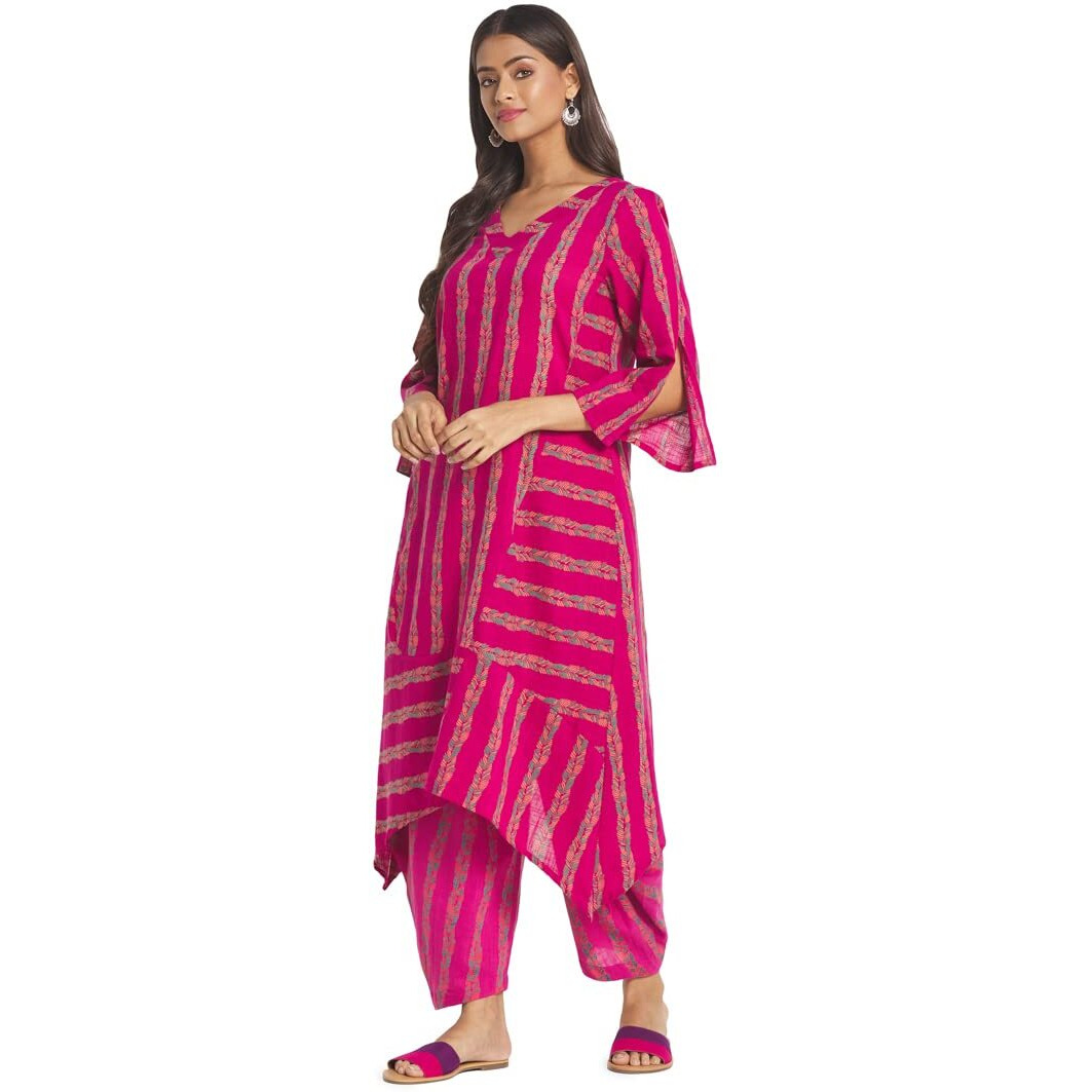 Fabindia Women's Cotton Printed Slim Kurta (210647701_Magenta