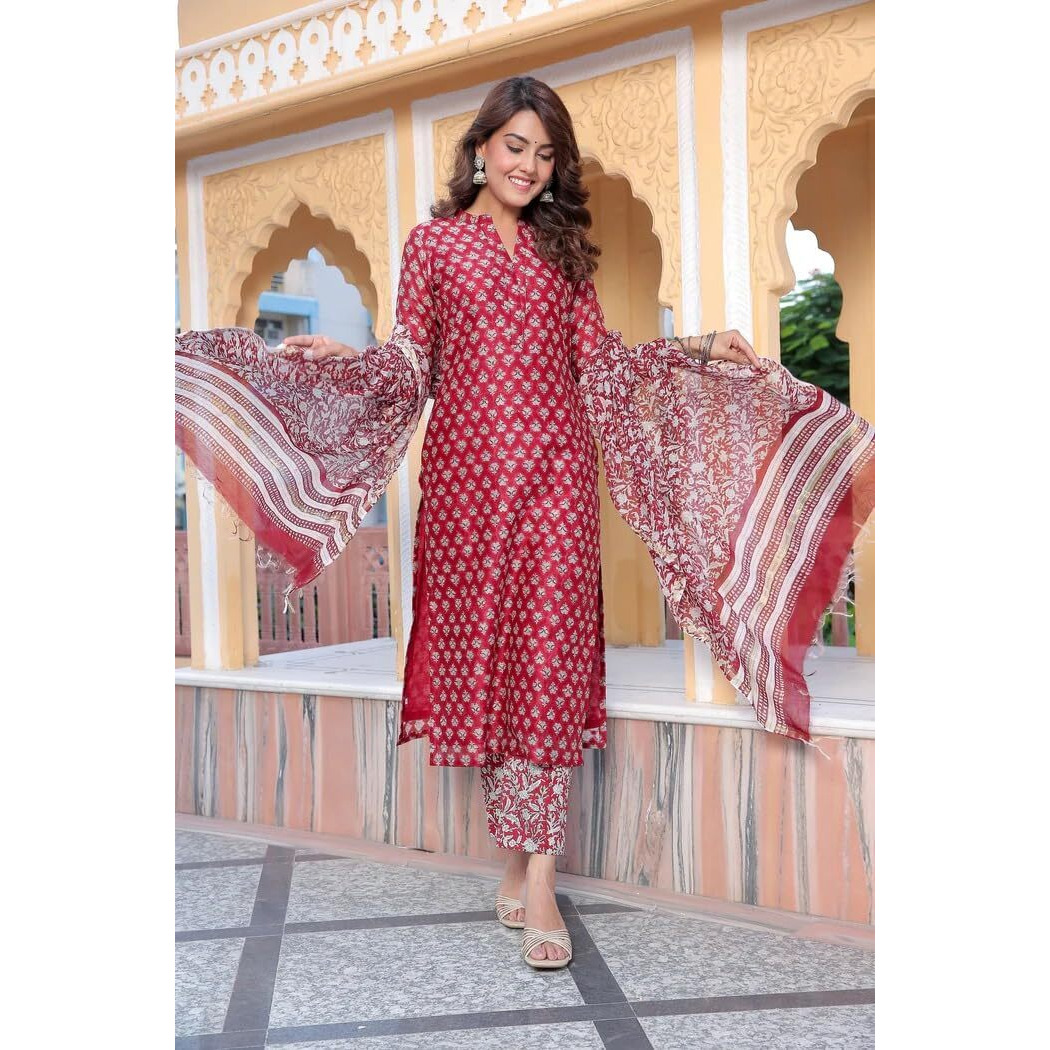 Leriya Fashion Floral Dresses For Women & Kurta Set With Dupatta For Women, Straight Kurties (X-Large, Red)