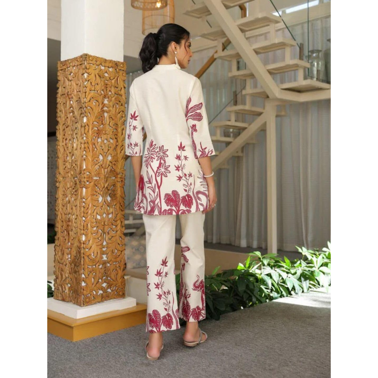 Nainvish Women's Floral Straight Rayon Blend Mandarin Collar Co-Ord Set (Sd857_Kb-S_Beige & Maroon)