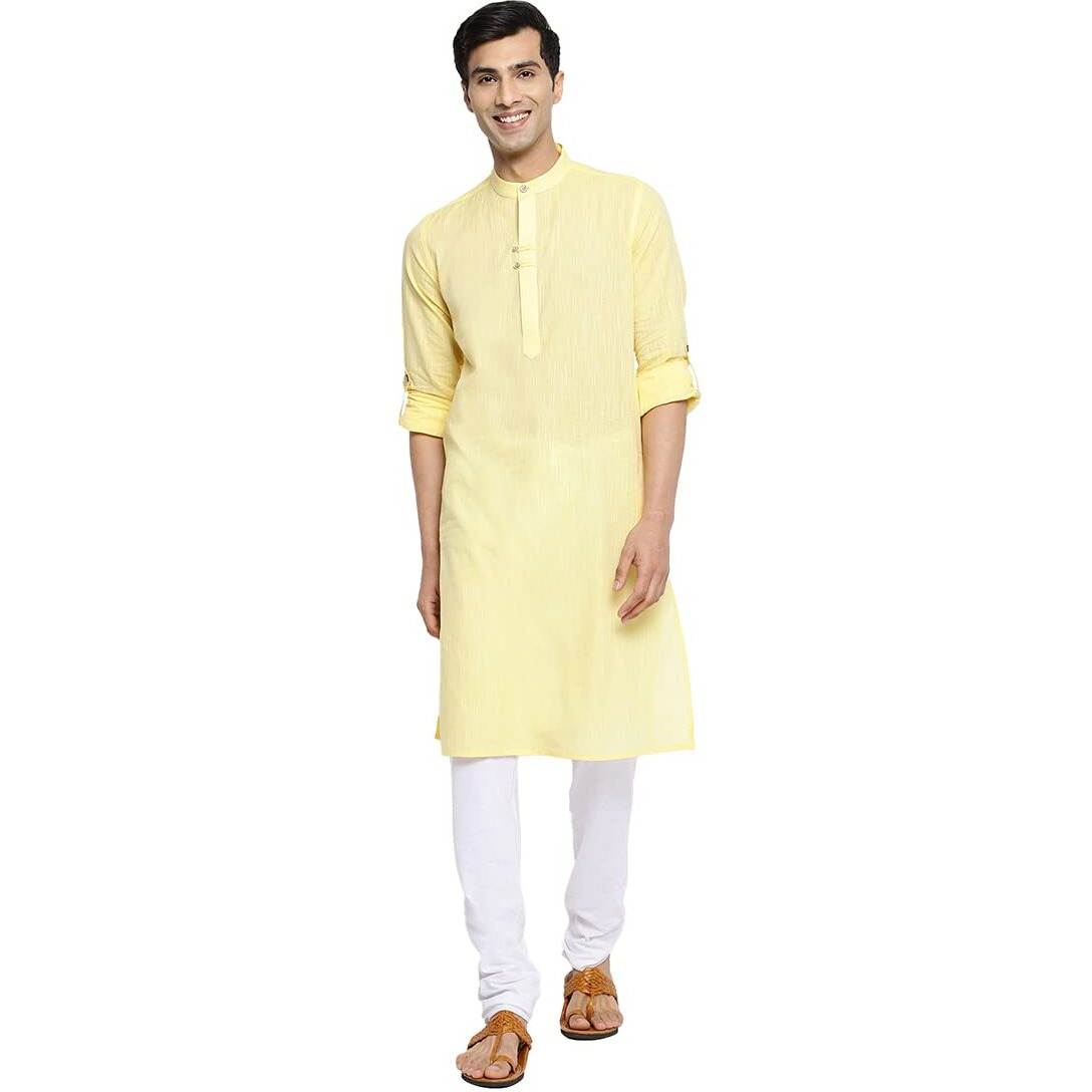Fabindia Men's Cotton Woven Slim Kurta (102887702_Lightyellow