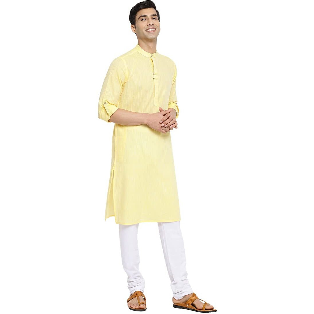 Fabindia Men's Cotton Woven Slim Kurta (102887702_Lightyellow
