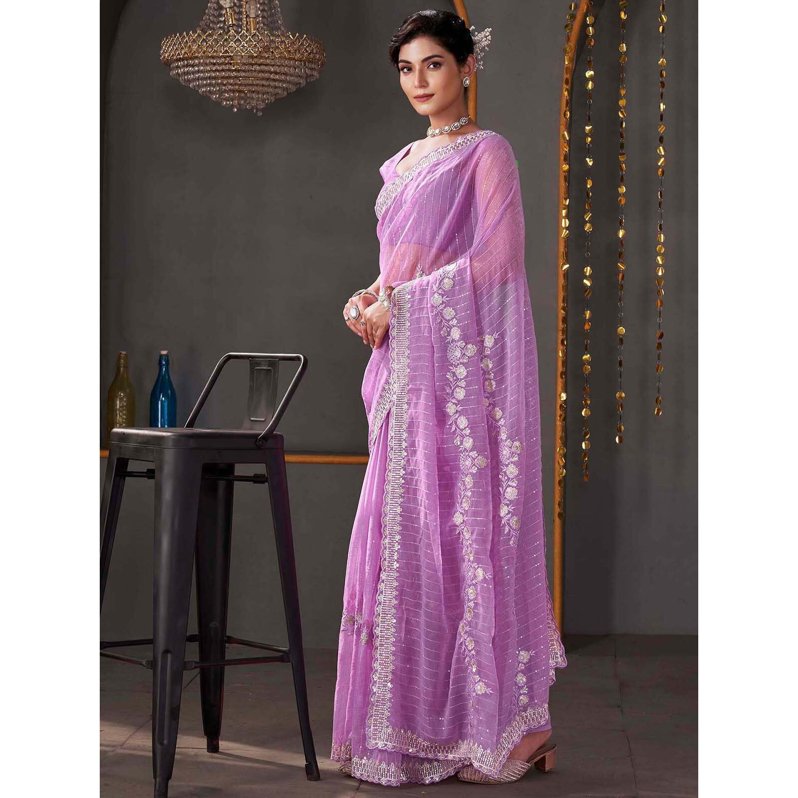 Satrani Women's Organza Scalloped Border Sequence Embroidery Saree With Unstitched Blouse Piece (4407S191N_Light Purple)