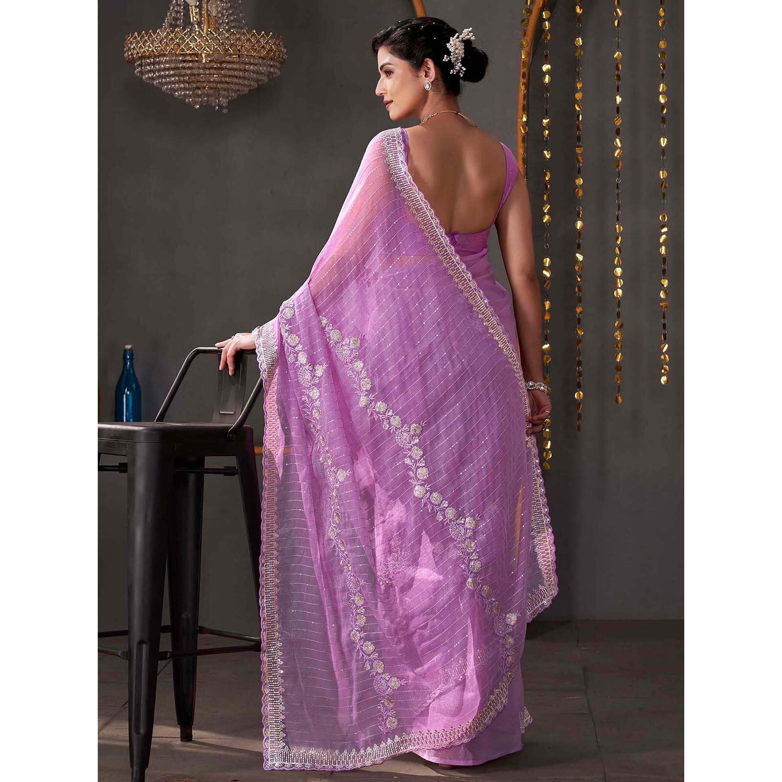 Satrani Women's Organza Scalloped Border Sequence Embroidery Saree With Unstitched Blouse Piece (4407S191N_Light Purple)